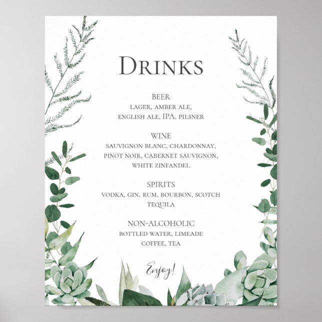Poster Succulent Greenery | Sinal de menu Drinks para Cas (Frente)