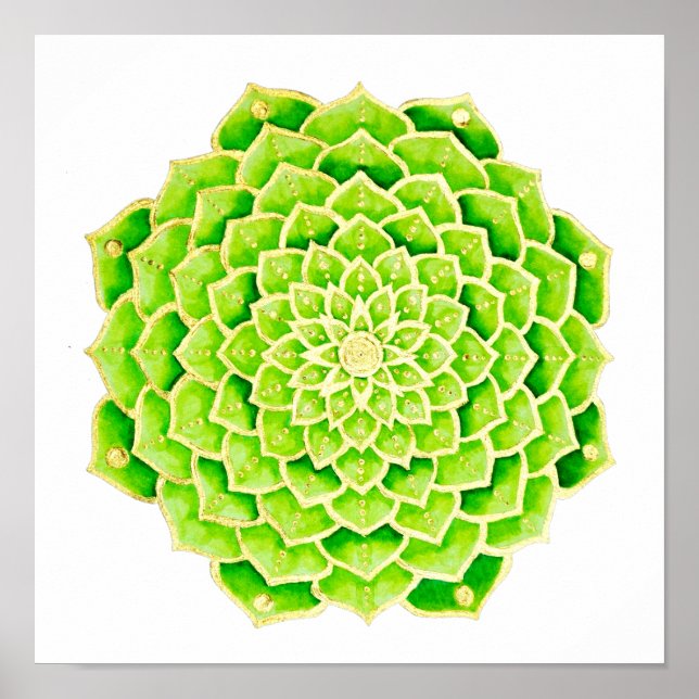 Poster Suculente Verde Deixa Dourado Mandala (Frente)