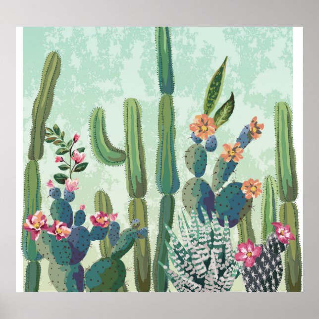 Poster Suculentes Bonitos: Padrão Vintage Cactus (Frente)