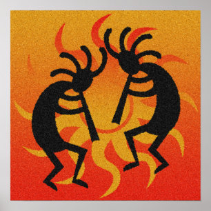 Pôster Sudoeste preto e alaranjado Kokopelli Sun tribal