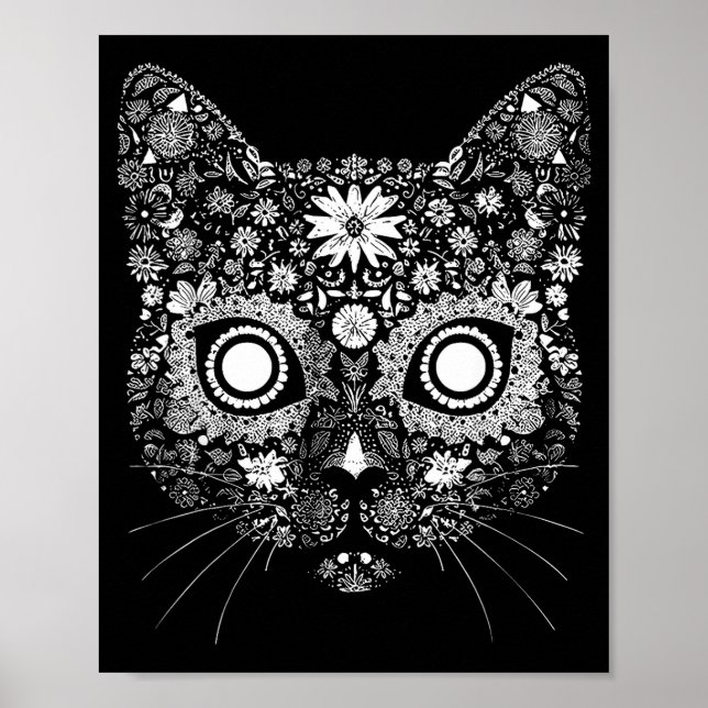 Poster Sugar Cat Skull Flower Artistic Design  (Frente)