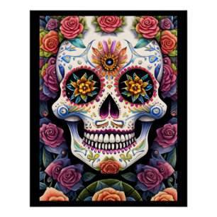 Pôster Sugar Skull Art - Dia de los Muertos Floral Skull
