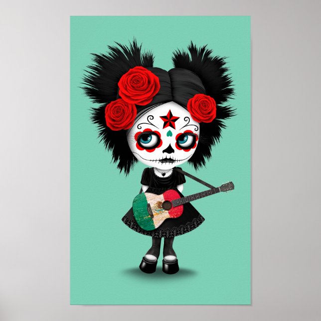 Poster Sugar Skull Girl Jogando Bandeira Mexicana (Frente)