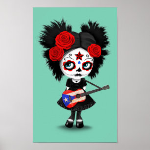 Poster Sugar Skull Girl tocando violão de bandeira porto-