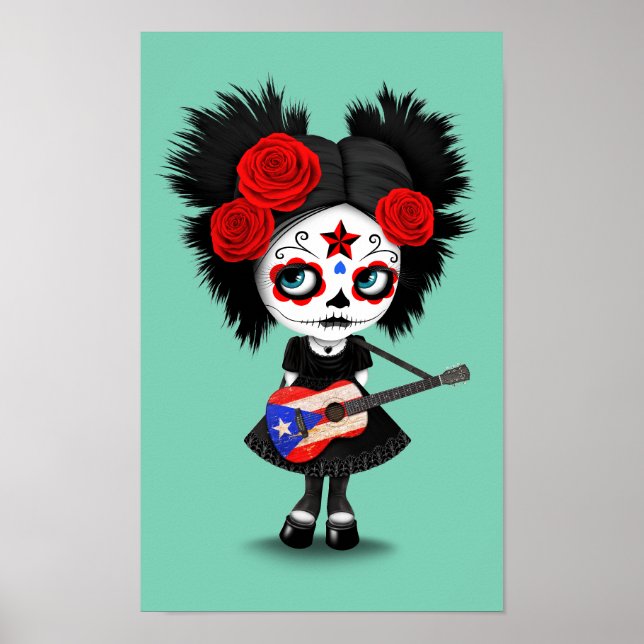 Poster Sugar Skull Girl tocando violão de bandeira porto- (Frente)