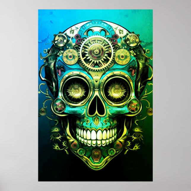 Poster Sugar Skull Images Cool Green + Blue Guy on a Wall (Frente)