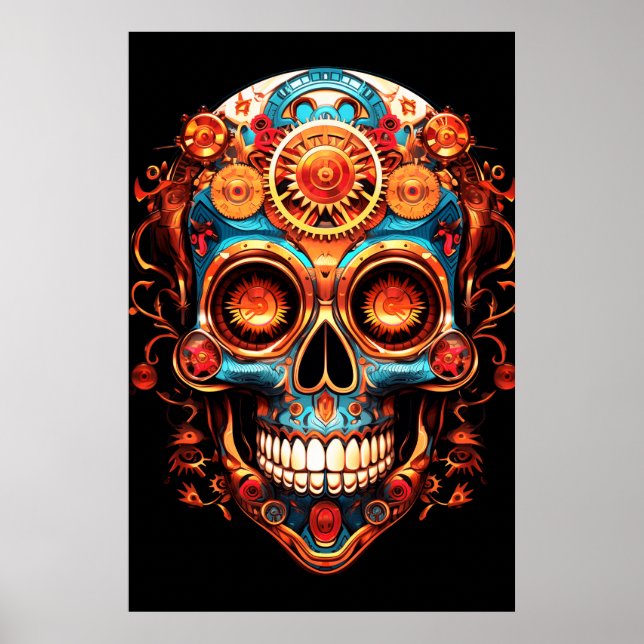 Poster Sugar Skull Images Dark Blue Smiling Guy on a Wall (Frente)