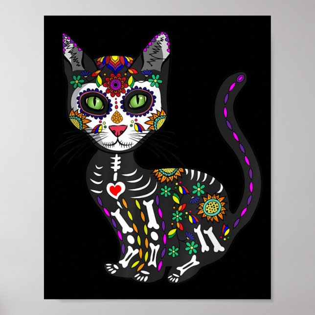 Poster Sugar Skull Mexican Cat Halloween Day Of The Dead (Frente)