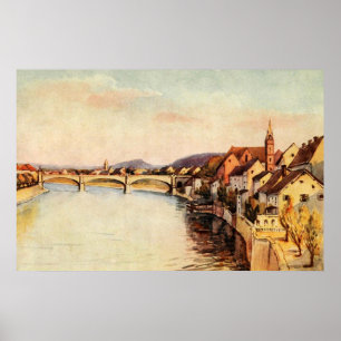Pôster Suiça antiga Rhine River Basileia do vintage