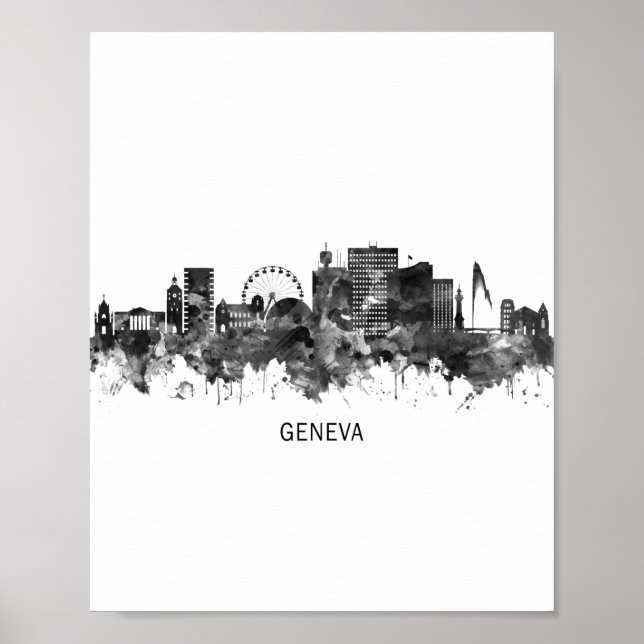 Poster Suiça de Genebra Skyline BW (Frente)