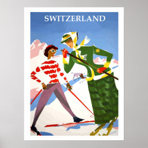 Poster Suiça, duas mulher em um esqui, viagens vintage