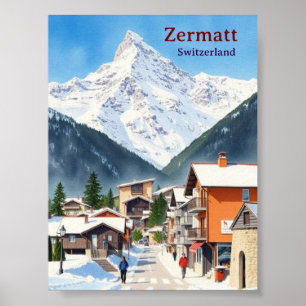 Poster Suíça Zermatt aquarela de férias vintage