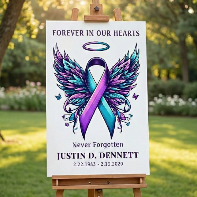 Poster Suicide Prevention Memorial Funeral Welcome Sign (Suicide Prevention awareness teal purple ribbon and  angel wings)