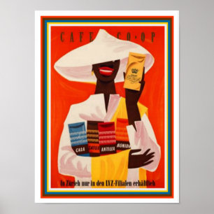 Poster suíço 12 x16 do anúncio do café do vint