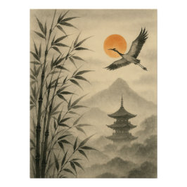 Pôster Sumi-e Crane Bamboo Poster | Traditional Japanese