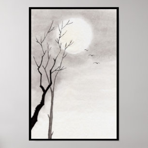 Pôster Sumi-e japonês do cenário da lua da noite do