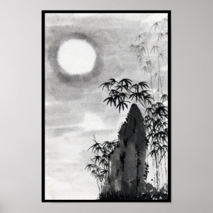 Pôster Sumi-e japonês do cenário da lua da noite do
