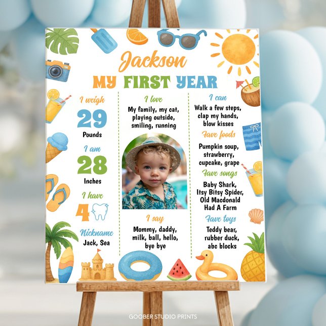 Poster Summer Beach 1st Birthday Party Photo Milestone (Criador carregado)