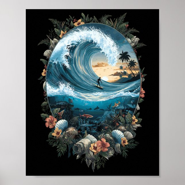 Poster Summer Ocean Wave Surfing Tropical Beach Reef  (Frente)