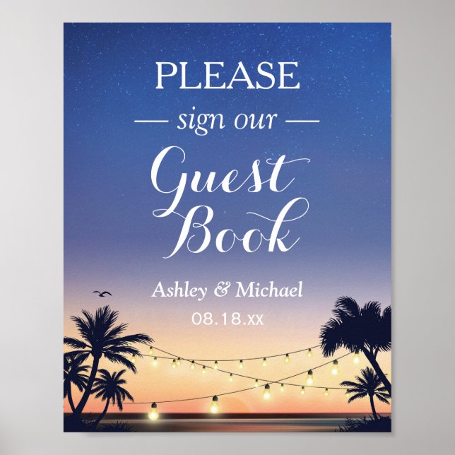 Poster Summer Palm Beach String Lights Sinal Guestbook (Frente)