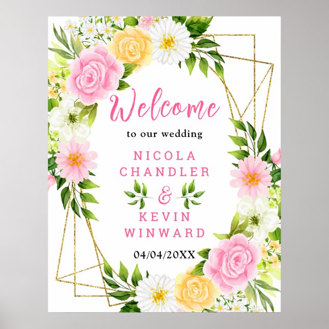 Poster Summer Pink and Yellow Flower Wedding Welcome Sign (Frente)