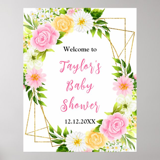 Poster Summer Pink Yellow Floral Baby Shower Welcome Sign (Frente)