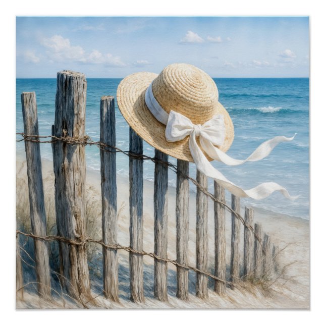 Pôster Summer Straw Hat On Beach Fence (Frente)