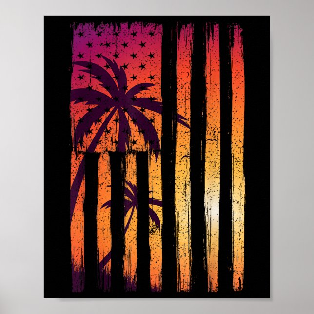 Poster Summer Sunset Palm Trees American Flag Primavera,  (Frente)