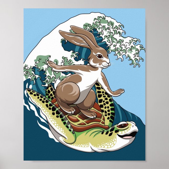Poster Summer Surfing - Turtle and Rabbit Illustration (Frente)