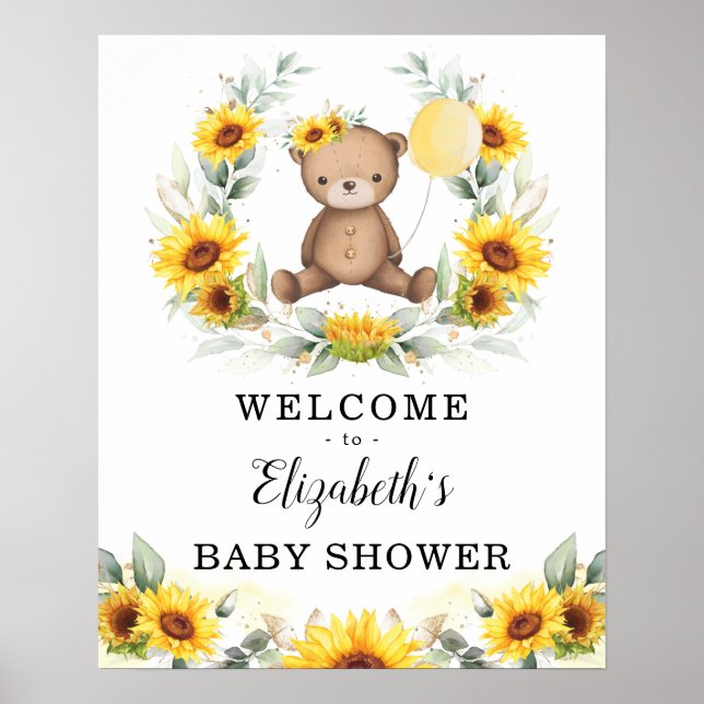Poster Summer Teddy Bear Sunflower Wreath Welcome Baby (Frente)
