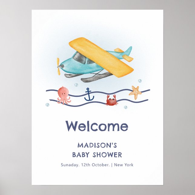 Poster Summer Travel Sea Airplane Baby Shower Welcome (Frente)
