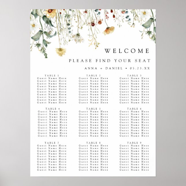 Poster Summer Wildflower Field Wedding Seating Chart (Frente)
