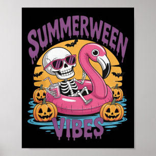 Poster Summerween Vibes Skeleton Flamingo Spooky Hallowee