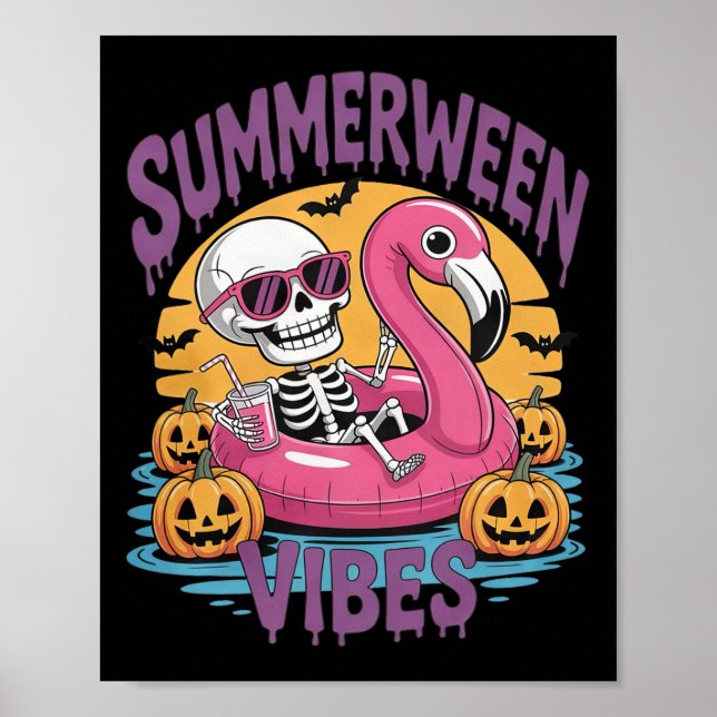Poster Summerween Vibes Skeleton Flamingo Spooky Hallowee (Frente)