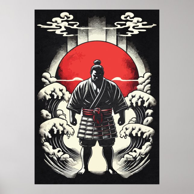 Poster Sumo Wrestler In Red Moon, Japanese Anime Tattoo (Frente)