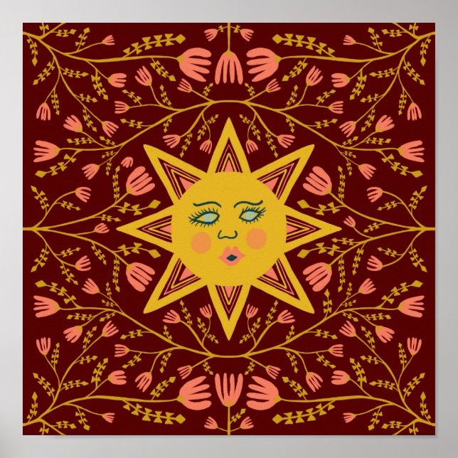Poster Sun e Flor Vinhas Padrão Boho Burgundy (Frente)