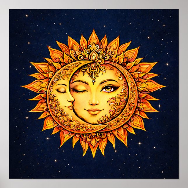 Poster Sun Moon Boho Goddess | Celestial Face Mandala Art (Frente)