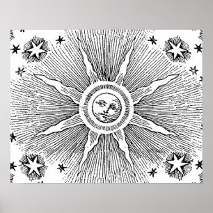 Poster Sun Stars Vintage Caneta e Tinta Digital