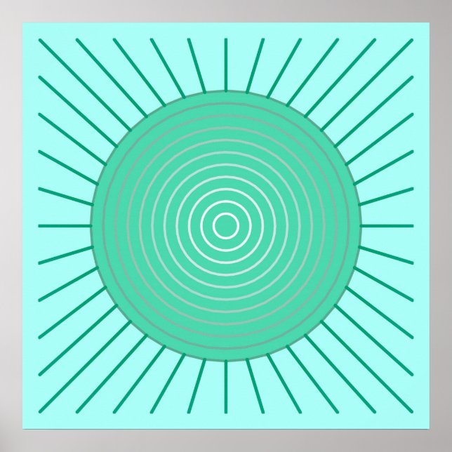 Pôster Sunburst Geométrico Moderno - Aqua e Seafoam Green (Frente)