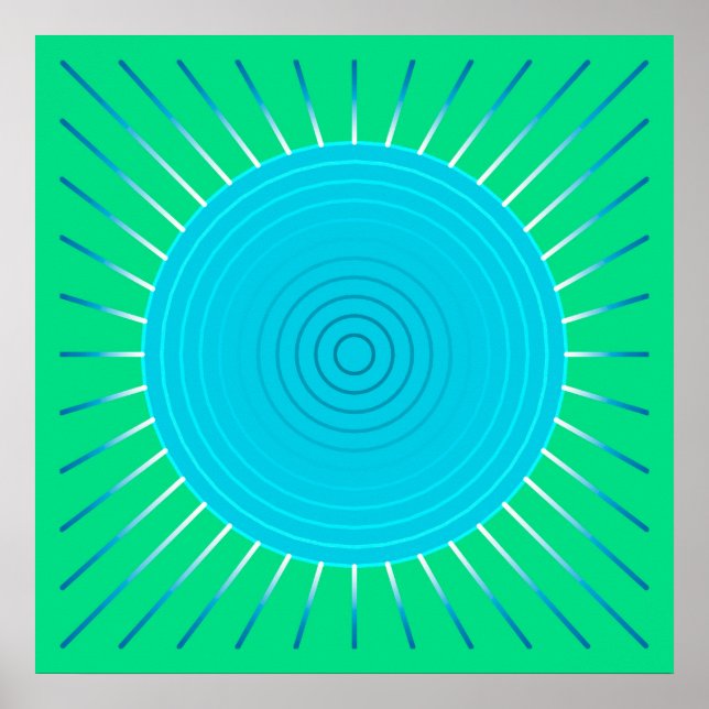 Pôster Sunburst Geométrico Moderno - Azul e Verde-Jade (Frente)