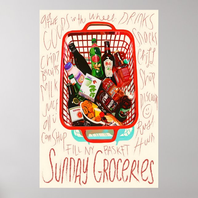 Poster Sunday Groceries Print Red Shopping Basket, Foodie (Frente)