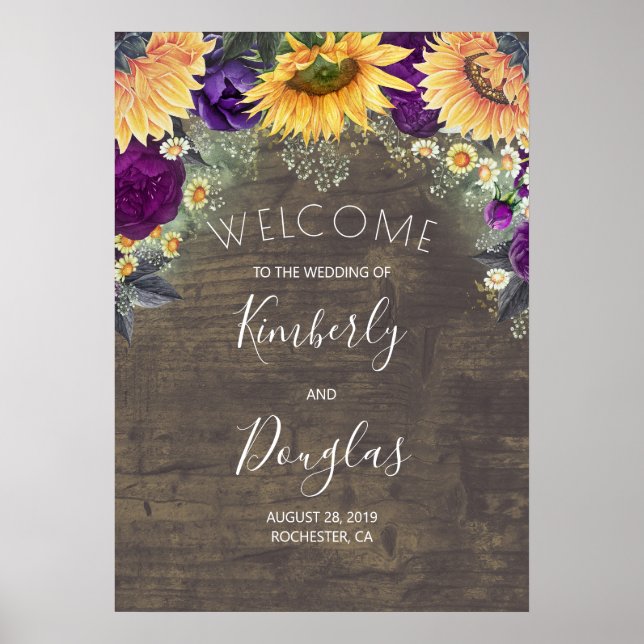 Poster Sunflower and Purple Rosa Casamento outono Welcome (Frente)