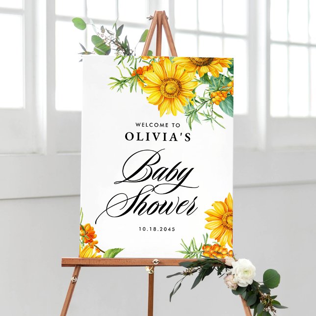 Poster Sunflower and Sea Buckthorn Chá de fraldas Bem-vin (Elegant baby shower welcome sign with watercolor sunflowers and sea buckthorn for fall baby showers.)