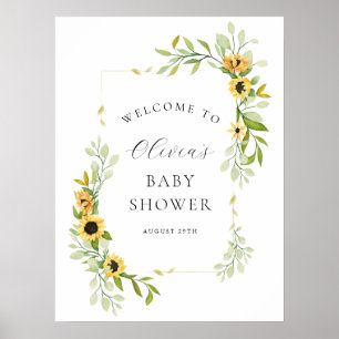 Poster Sunflower e Greenery Chá de fraldas Boas-vindas