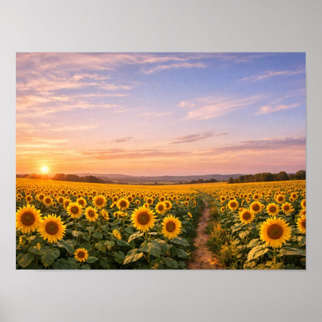 Poster Sunflower Field Sunset Landscape (Frente)