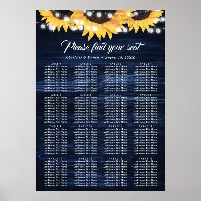 Poster Sunflower Navy Blue Wedding Seating Chart 16 (Frente)