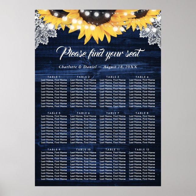 Poster Sunflower Navy Blue Wood Wedding Seating Chart 12 (Frente)