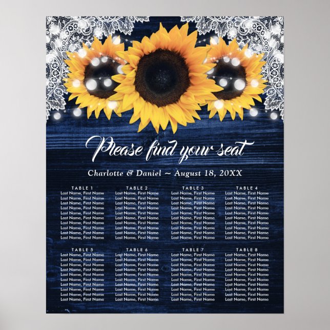 Poster Sunflower Navy Blue Wood Wedding Seating Chart 8 (Frente)