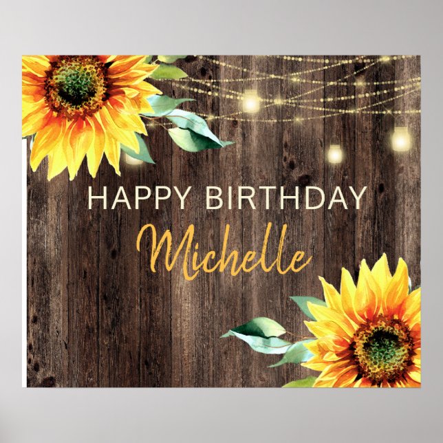 Poster Sunflower Rustic String Luzes Feliz Aniversário (Frente)