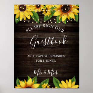 Poster Sunflower Rustic Wood String Casamento Guestbook